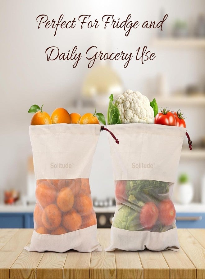 Solitude Set of 3 Cotton Vegetable Bags Fridge Storage Bag Sabji Fruits Pouch Refrigerator Produce Muslin Reusable Washable & Multipurpose use Cloth Bags with Drawstrings - Image 3
